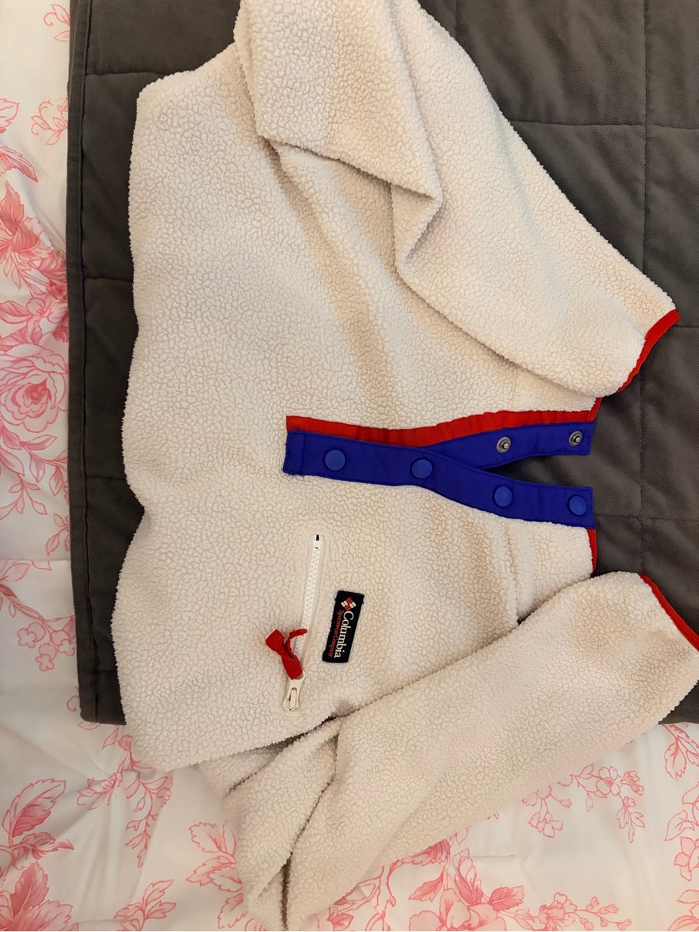 Columbia Cream Sherpa Jacket with Red Trim and Blue Accents